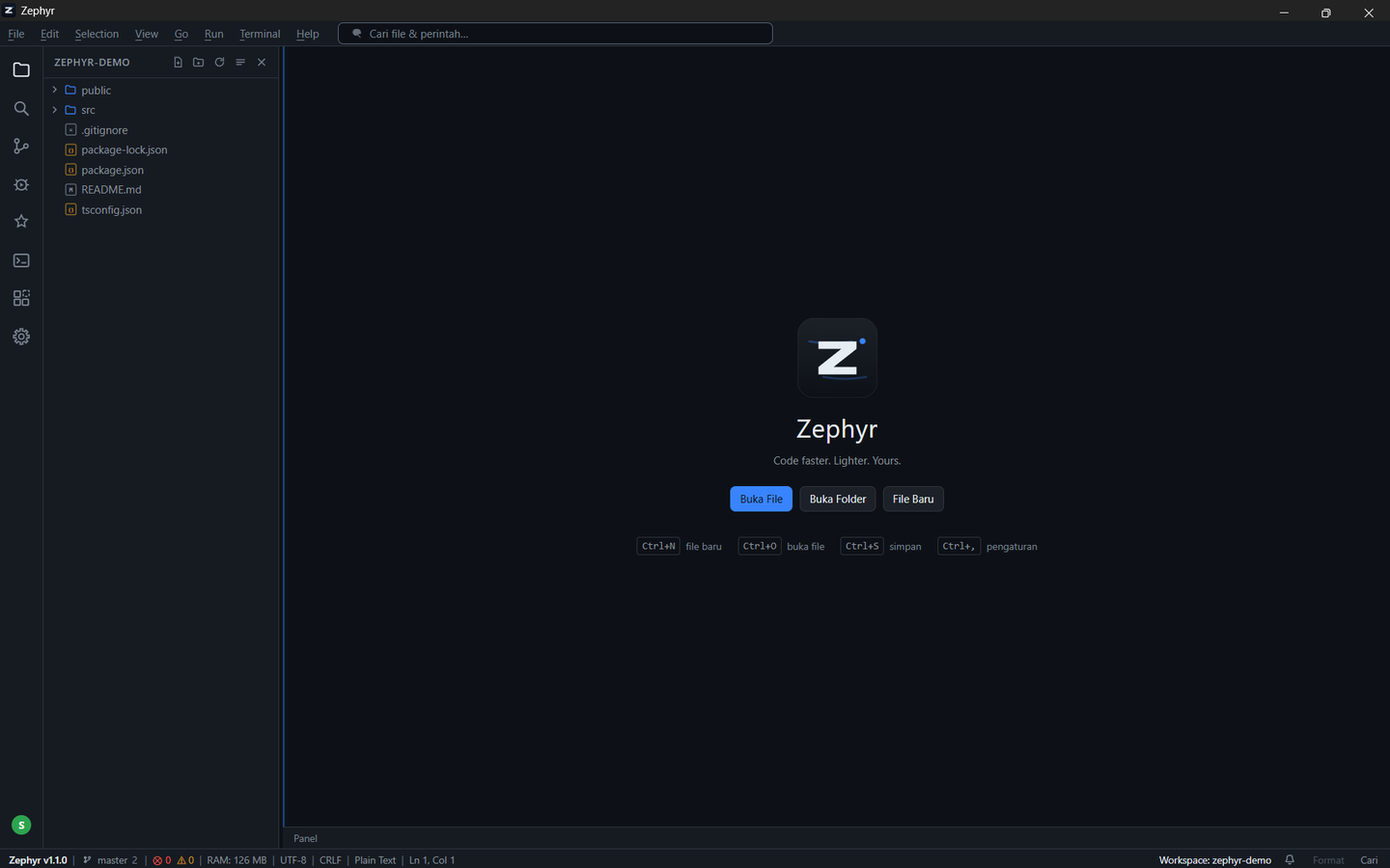 Zephyr 1.1.0 — editor CodeMirror, explorer, dan terminal multi-pane